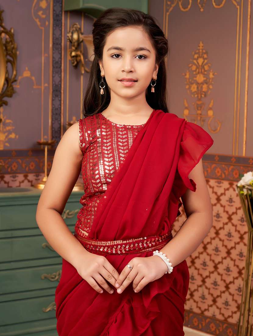 girls solid ready wear saree with embellished blouse - 21786553 - Standard Image - 4