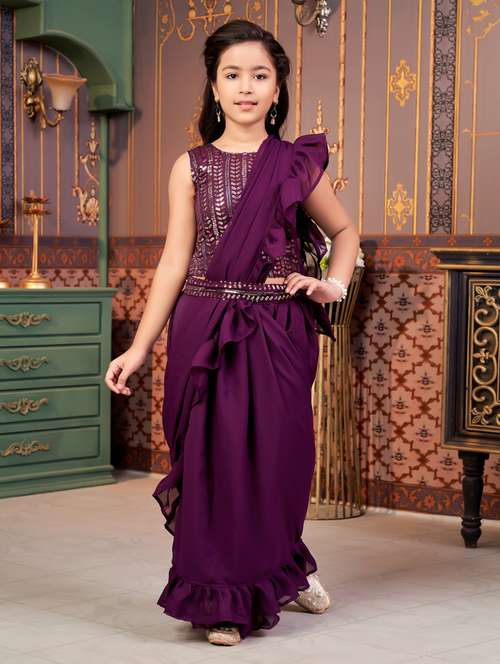 girls solid ready wear saree with embellished blouse - 21786554 -  Standard Image - 0