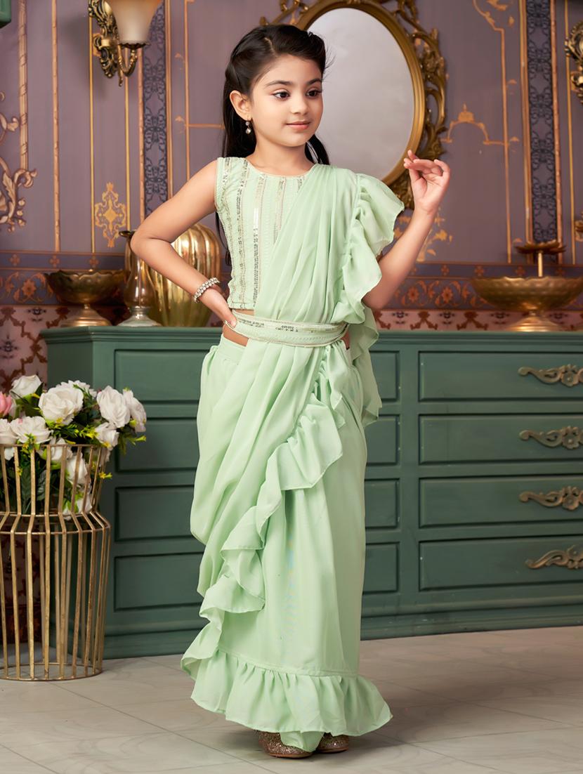 girls solid ready wear saree with embellished blouse - 21786555 - Standard Image - 1