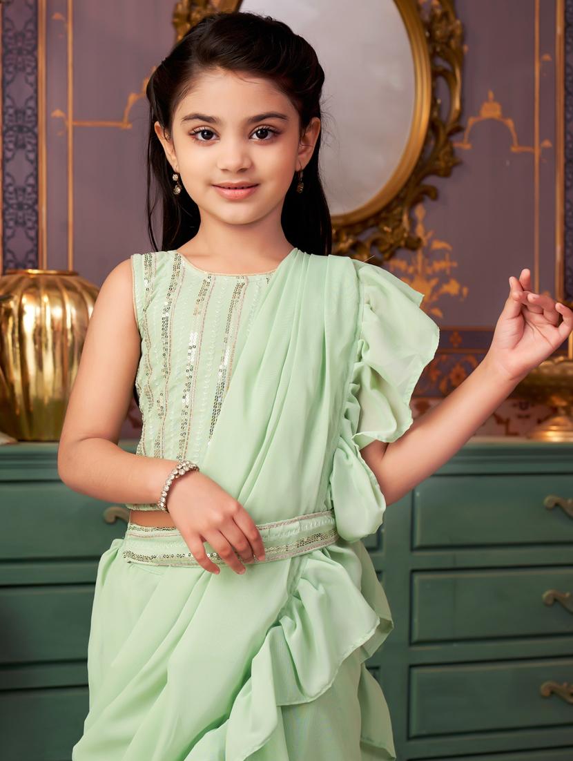 girls solid ready wear saree with embellished blouse - 21786555 - Standard Image - 4