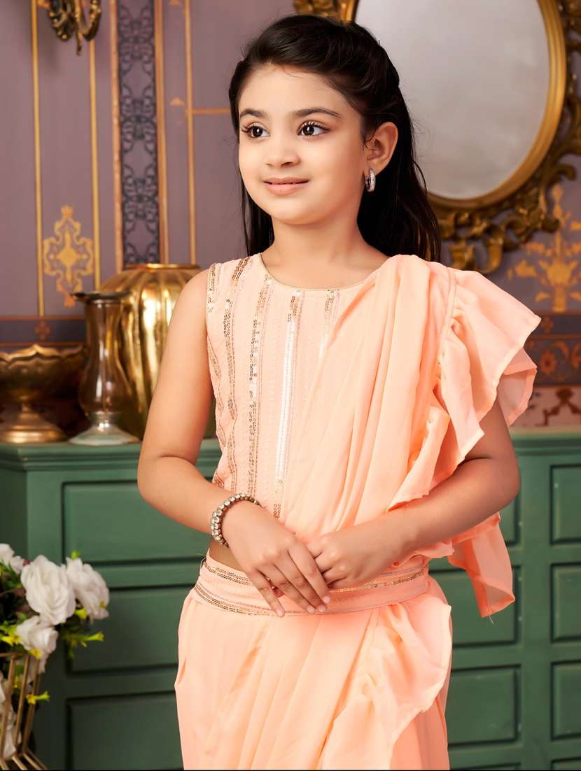 girls solid ready wear saree with embellished blouse - 21786556 - Standard Image - 4