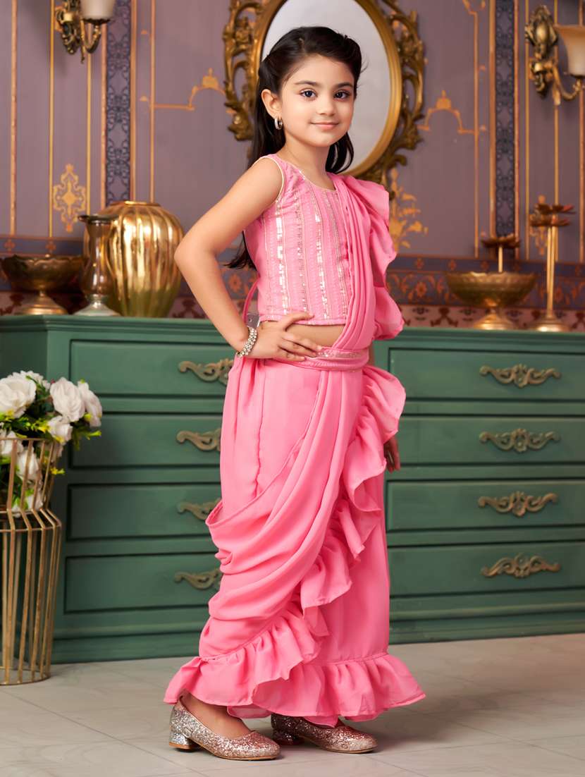 girls solid ready wear saree with embellished blouse - 21786557 -  Standard Image - 1
