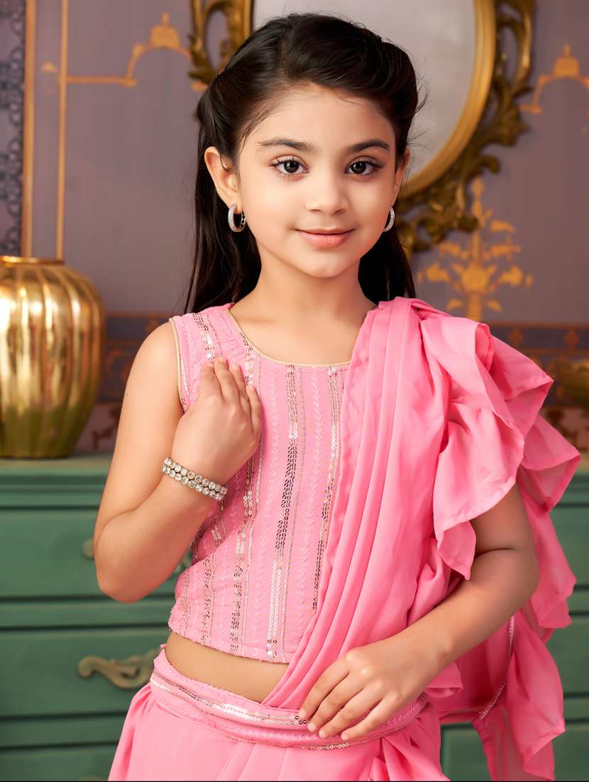 girls solid ready wear saree with embellished blouse - 21786557 -  Standard Image - 4
