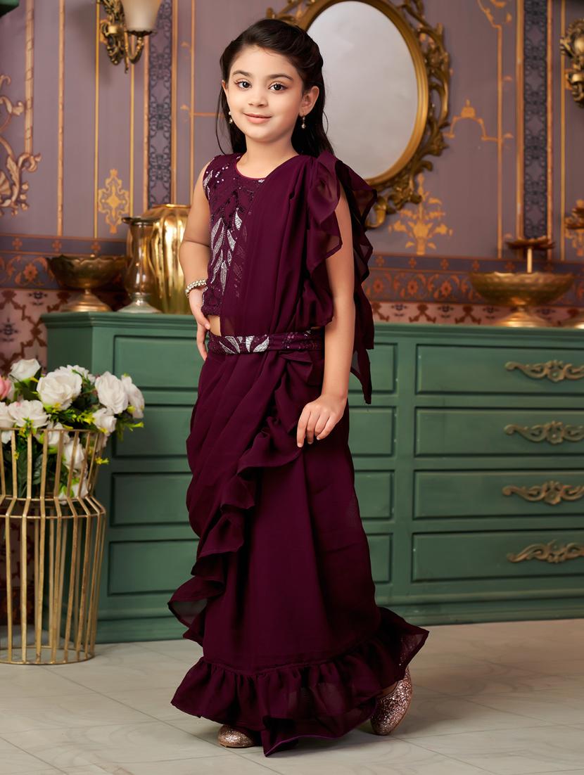 girls solid ready wear saree with embellished blouse - 21786563 -  Standard Image - 1