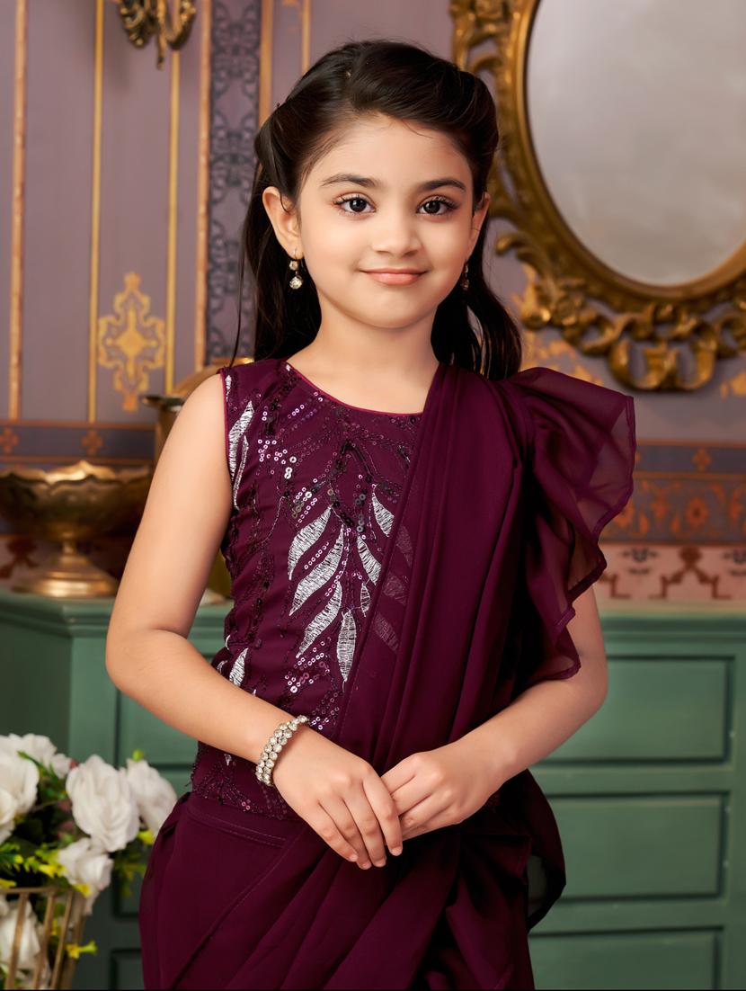 girls solid ready wear saree with embellished blouse - 21786563 - Standard Image - 4