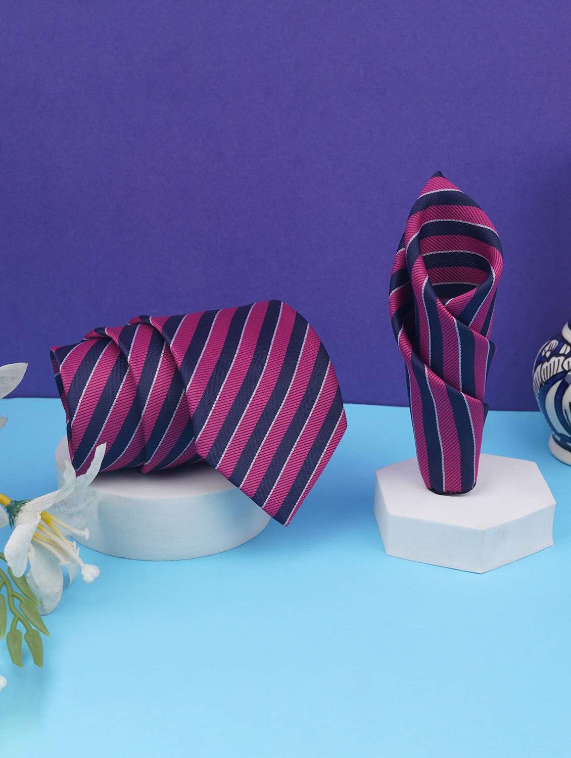 men striped neck tie with pocket square