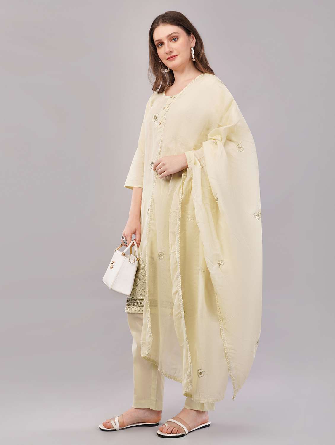 women three quarter sleeve kurta pant with dupatta set - 21786762 -  Standard Image - 1