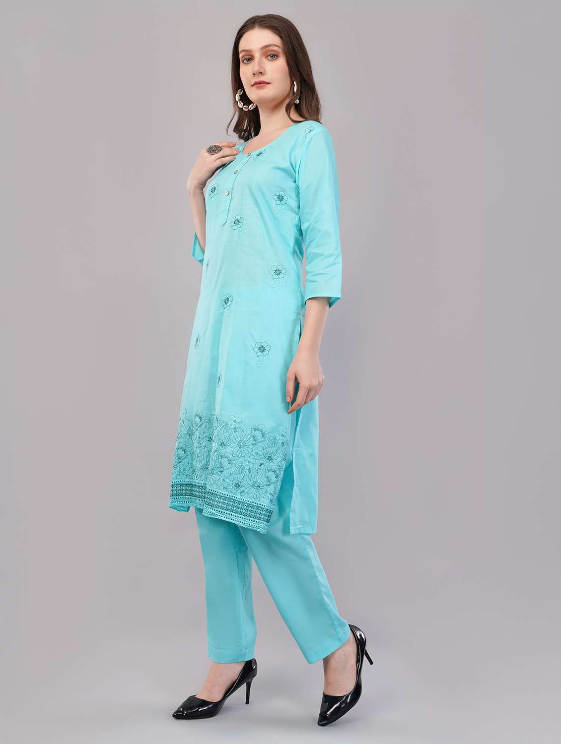 women three quarter sleeve kurta pant with dupatta set - 21786764 -  Standard Image - 1