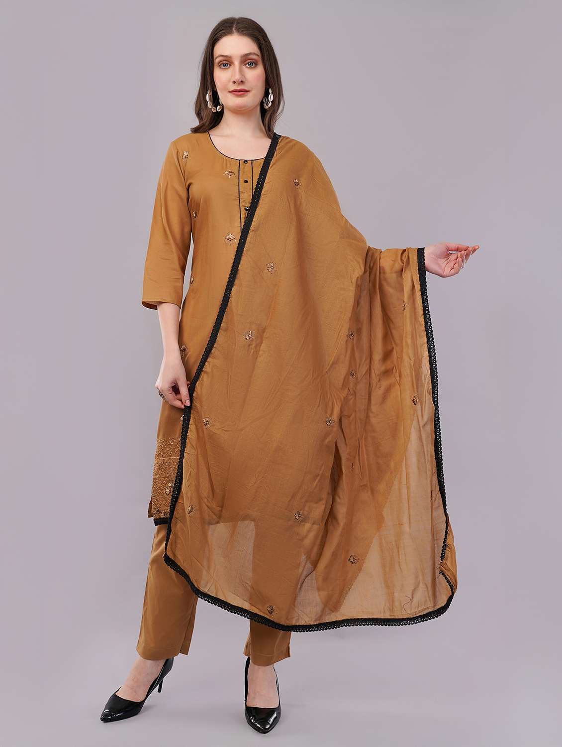 women three quarter sleeve kurta pant with dupatta set - 21786765 -  Standard Image - 1