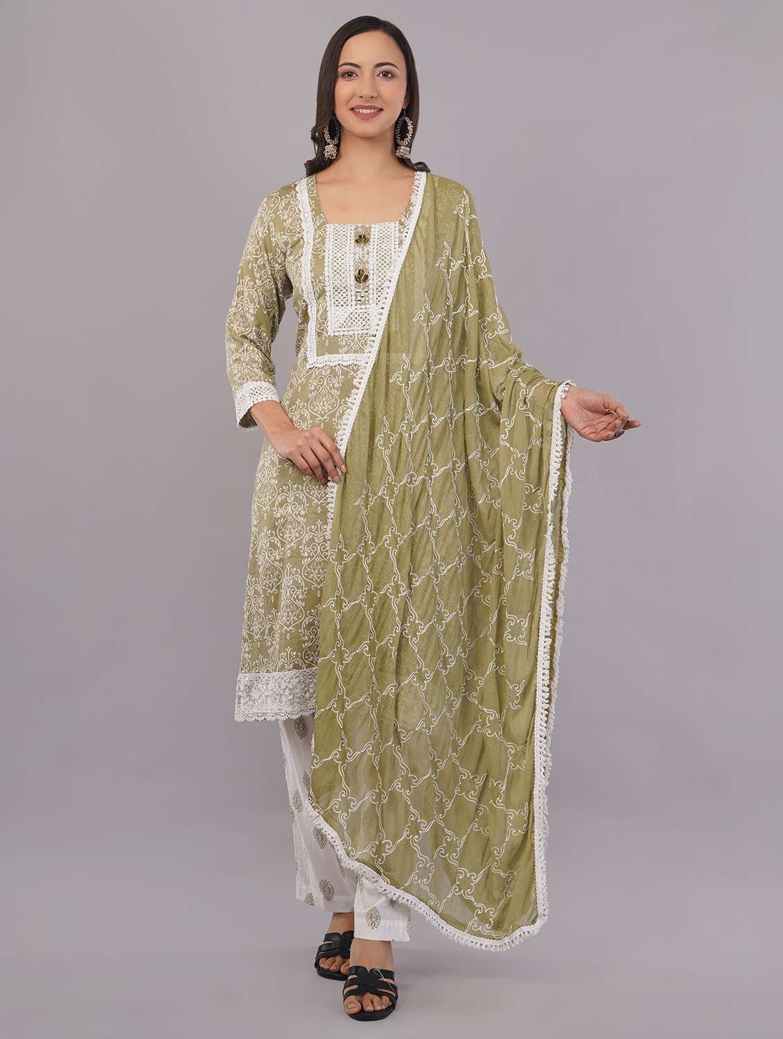 women three quarter sleeve kurta pant with dupatta set - 21786774 -  Standard Image - 1