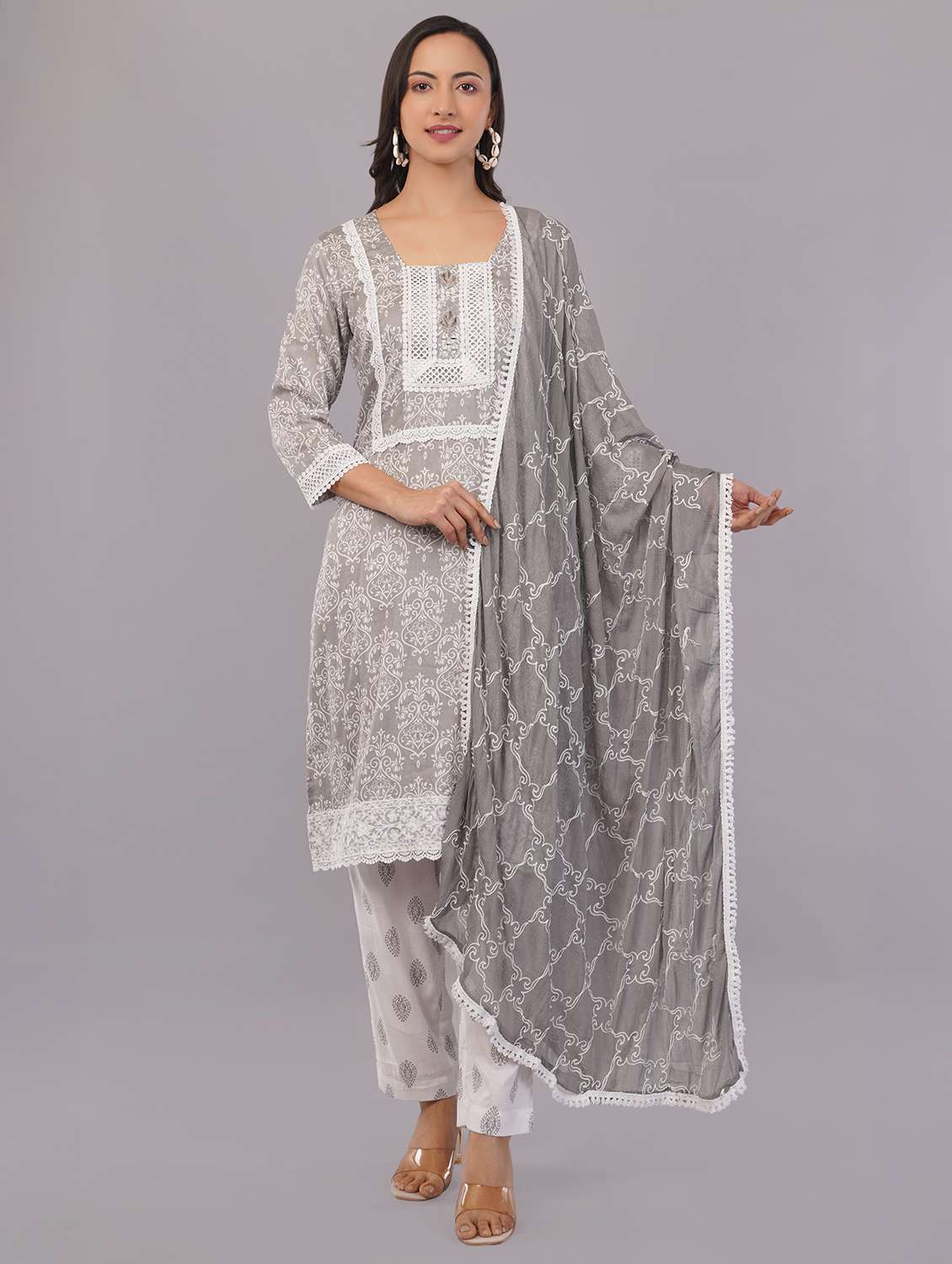 women three quarter sleeve kurta pant with dupatta set - 21786776 -  Standard Image - 1