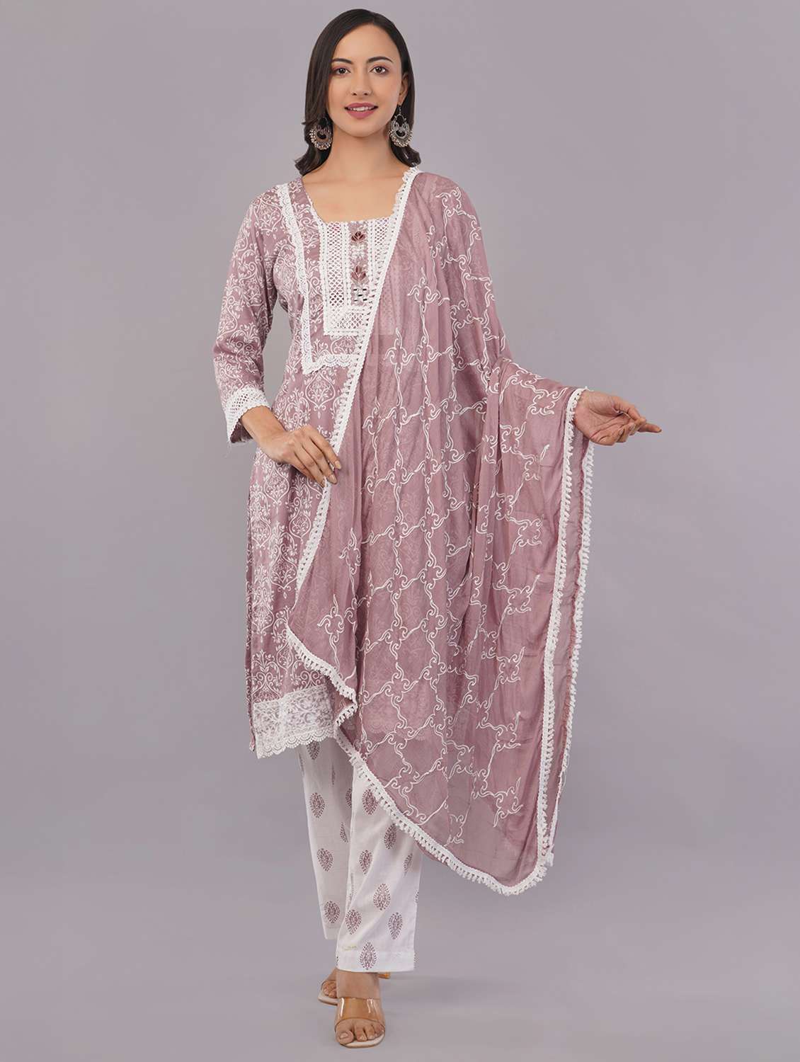 women three quarter sleeve kurta pant with dupatta set - 21786778 -  Standard Image - 1