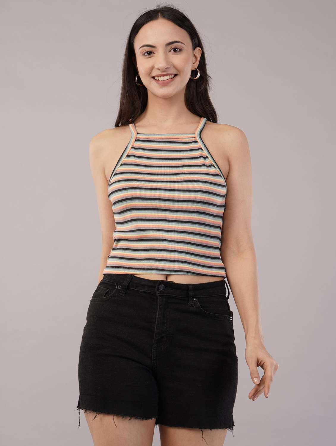 women striped halter neck crop tank top