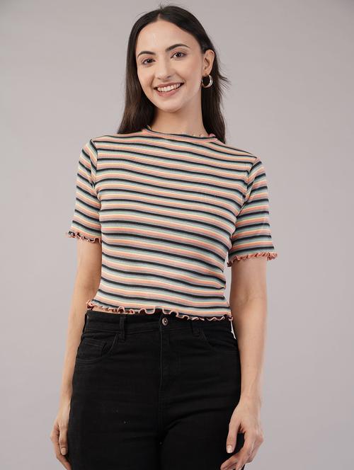 women striped short sleeevs crop top - 21786837 -  Standard Image - 0
