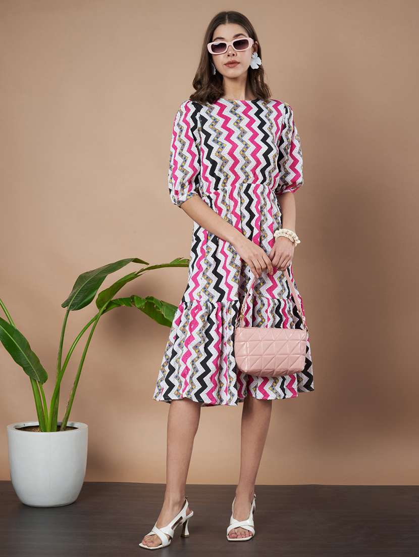 women printed puff sleeves tiered dress