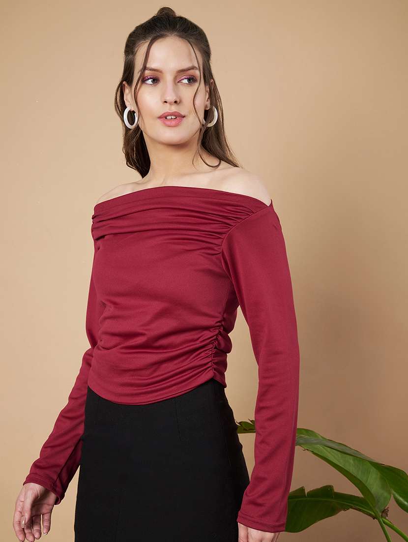 women solid off shoulder long sleeves ruched top - 21787103 -  Standard Image - 1