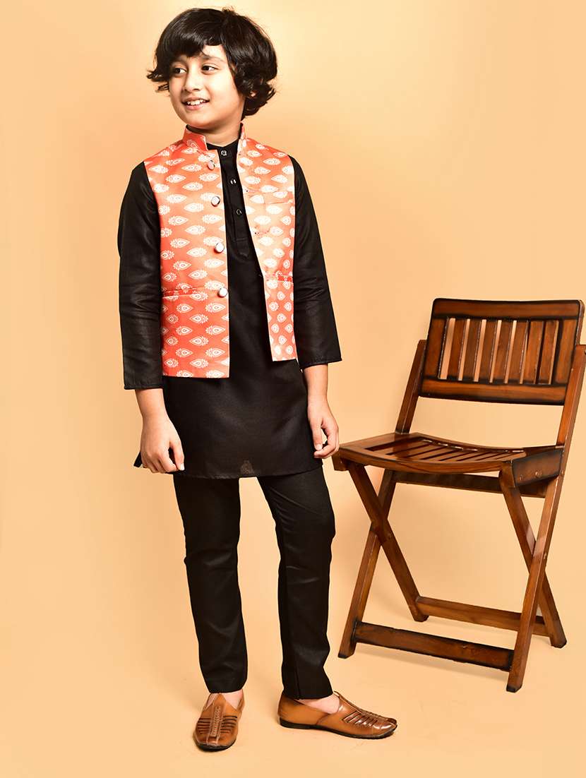 boys solid mandarin neck kurta pyjama ethnic jacket set - 21787122 - Standard Image - 1