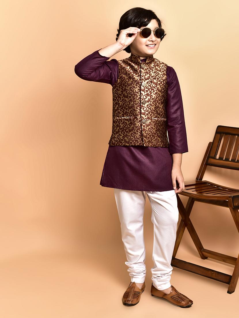 boys solid mandarin neck kurta pyjama ethnic jacket set - 21787126 - Standard Image - 1