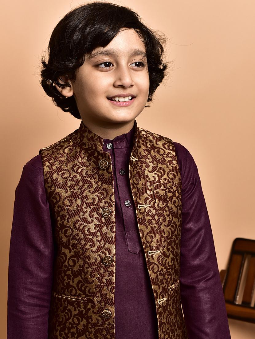 boys solid mandarin neck kurta pyjama ethnic jacket set - 21787126 - Standard Image - 4