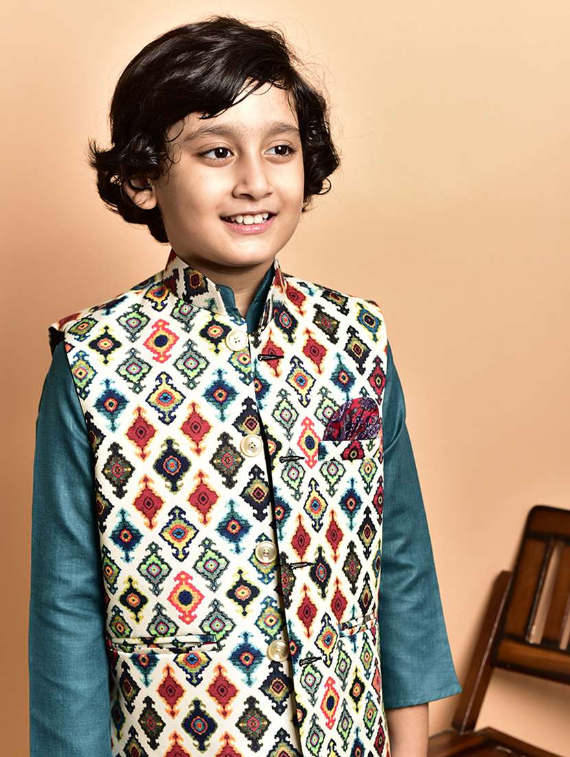 boys solid mandarin neck kurta pyjama ethnic jacket set - 21787129 - Standard Image - 4