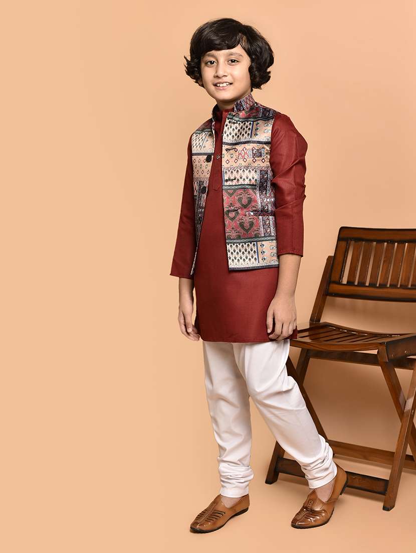 boys solid mandarin neck kurta pyjama ethnic jacket set - 21787153 -  Standard Image - 1