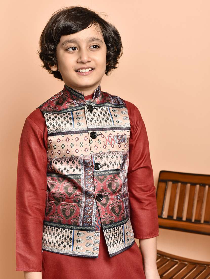 boys solid mandarin neck kurta pyjama ethnic jacket set - 21787153 -  Standard Image - 4