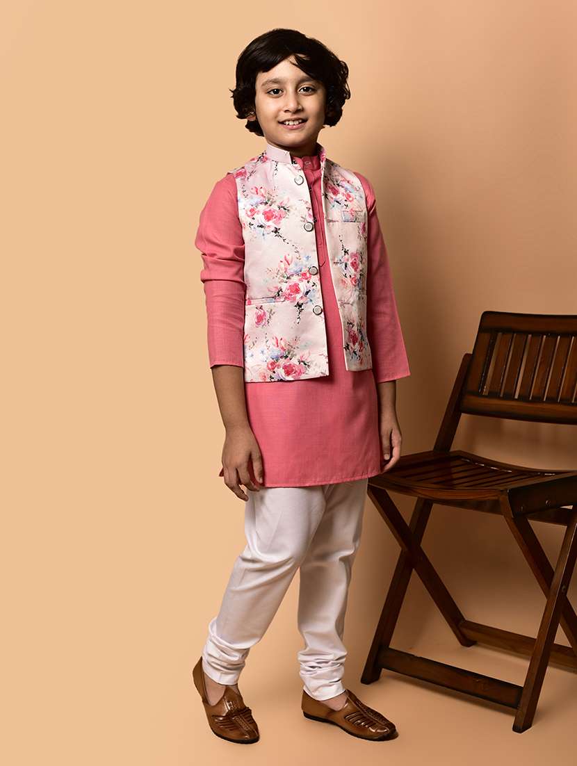 boys solid mandarin neck kurta pyjama ethnic jacket set - 21787167 -  Standard Image - 1
