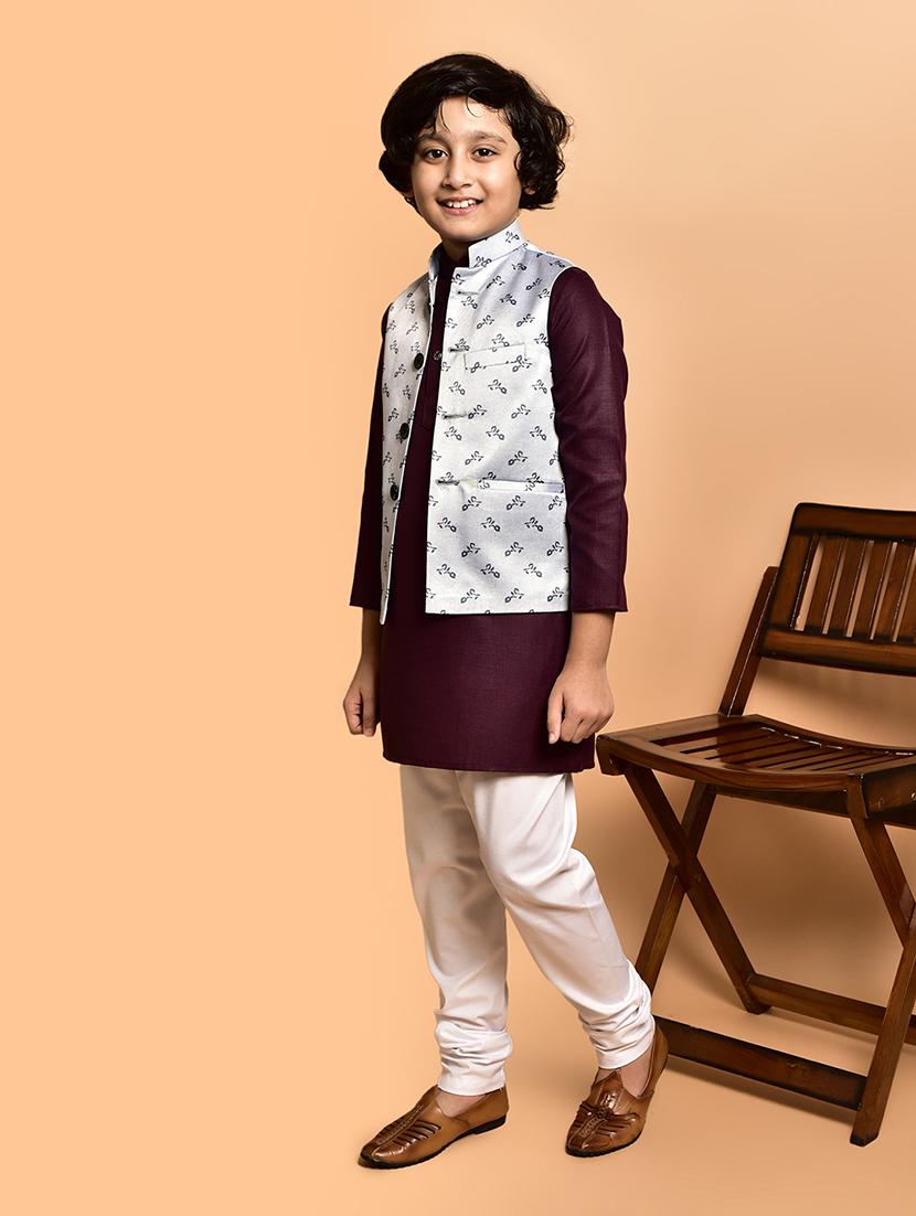boys solid mandarin neck kurta pyjama ethnic jacket set - 21787171 - Standard Image - 1