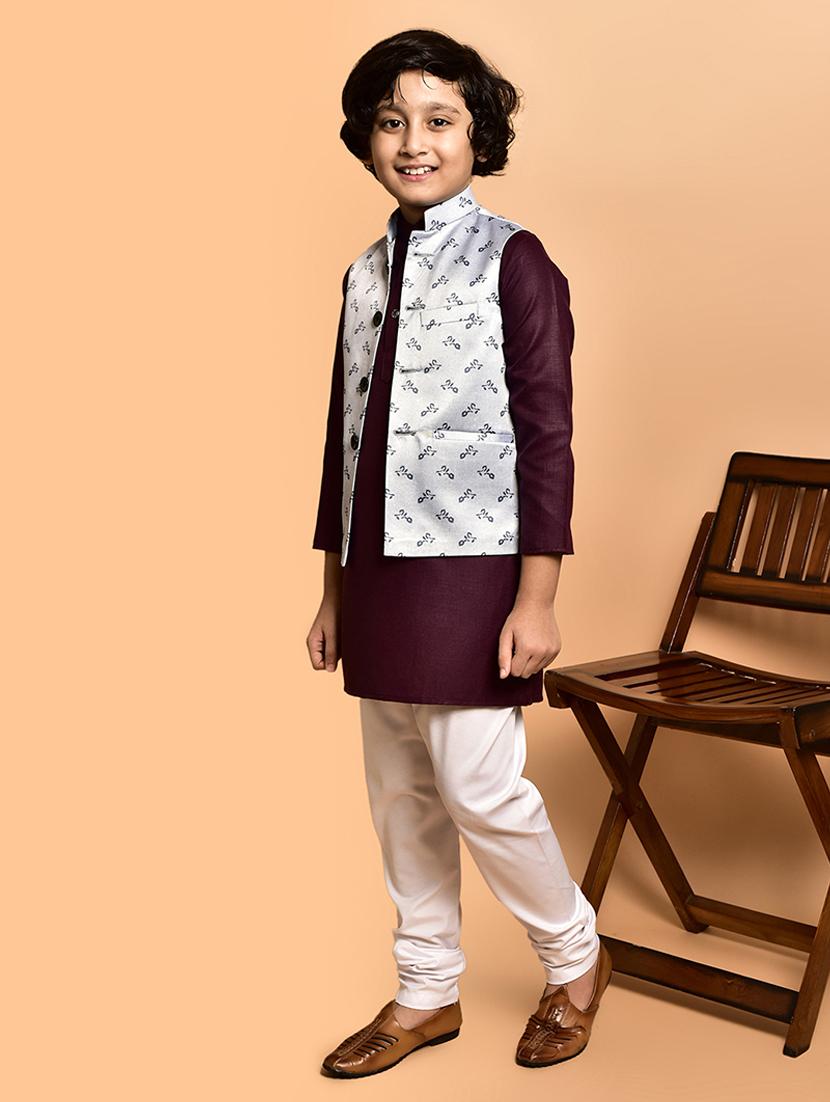 boys solid mandarin neck kurta pyjama ethnic jacket set - 21787172 - Standard Image - 1