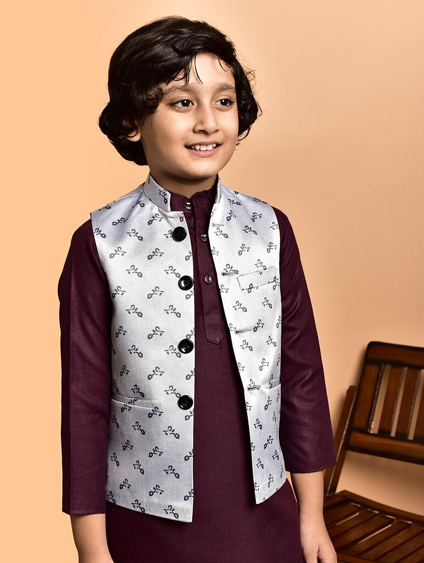 boys solid mandarin neck kurta pyjama ethnic jacket set - 21787172 - Standard Image - 4
