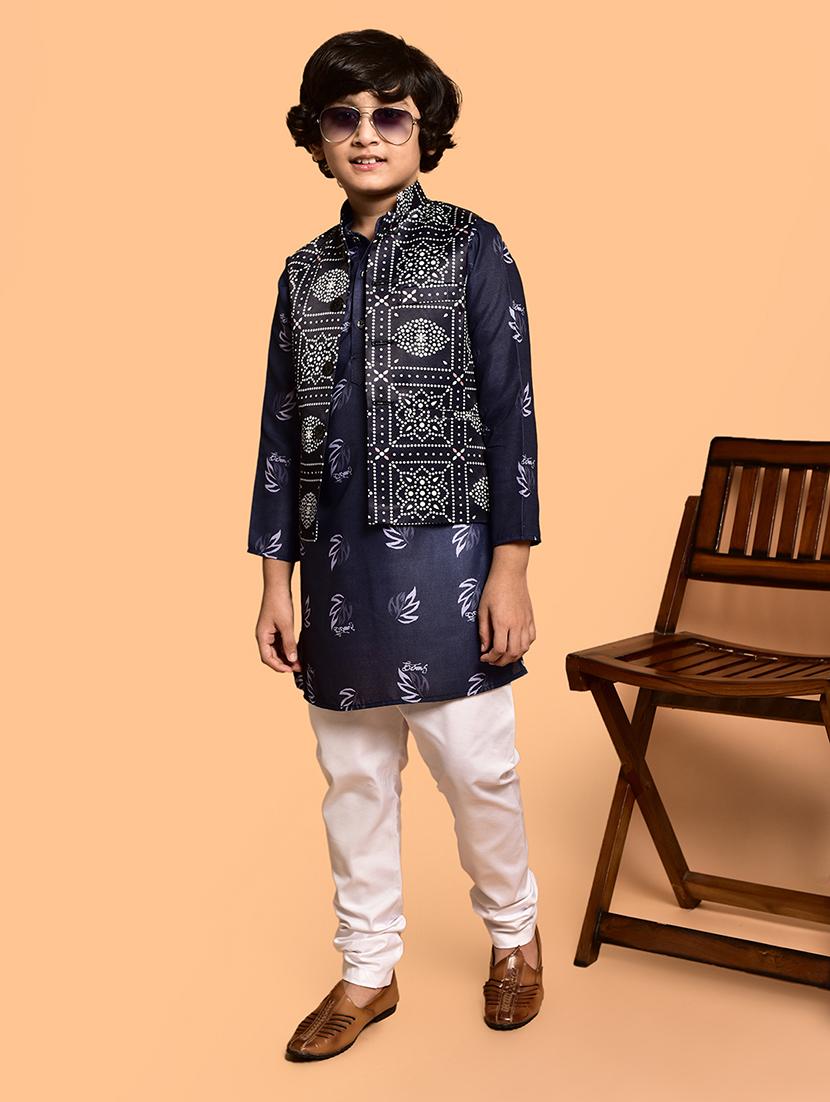 boys printed mandarin neck kurta pyjama ethnic jacket set - 21787185 - Standard Image - 1