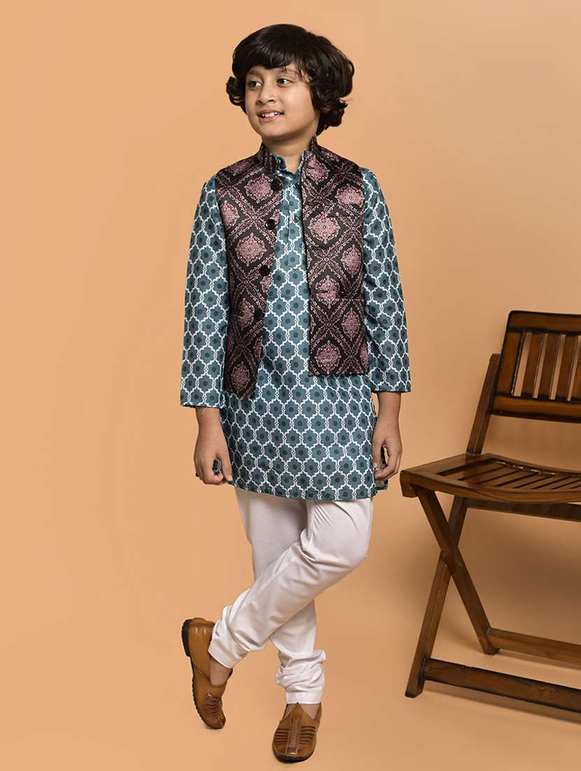 boys printed mandarin neck kurta pyjama ethnic jacket set - 21787191 -  Standard Image - 1