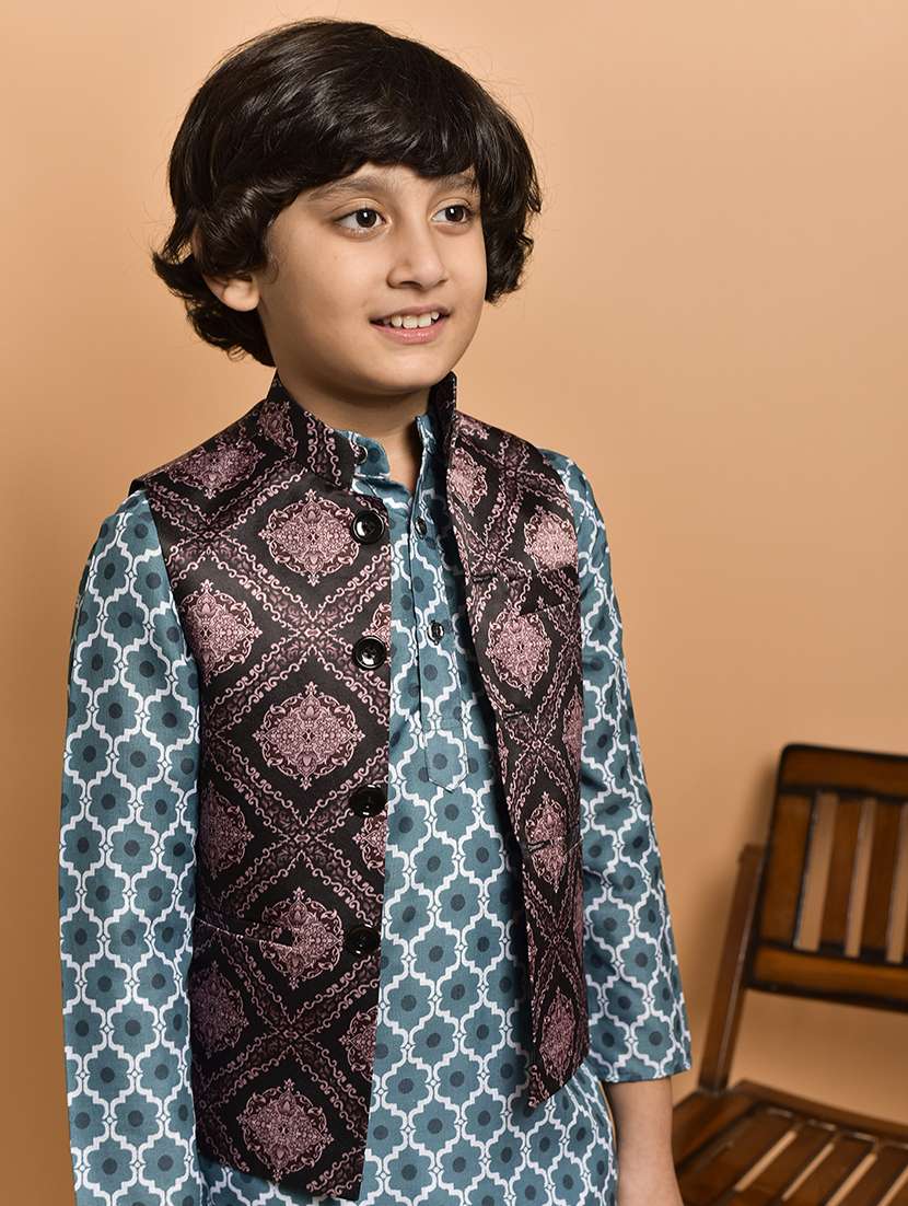 boys printed mandarin neck kurta pyjama ethnic jacket set - 21787191 -  Standard Image - 4