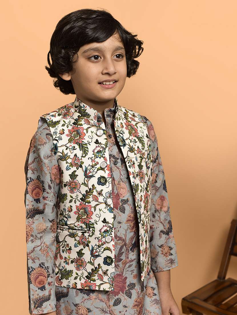 boys printed mandarin neck kurta pyjama ethnic jacket set - 21787193 -  Standard Image - 4