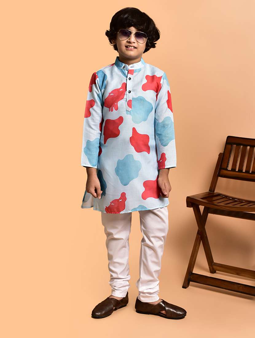 boys printed mandarin neck kurta pyjama set