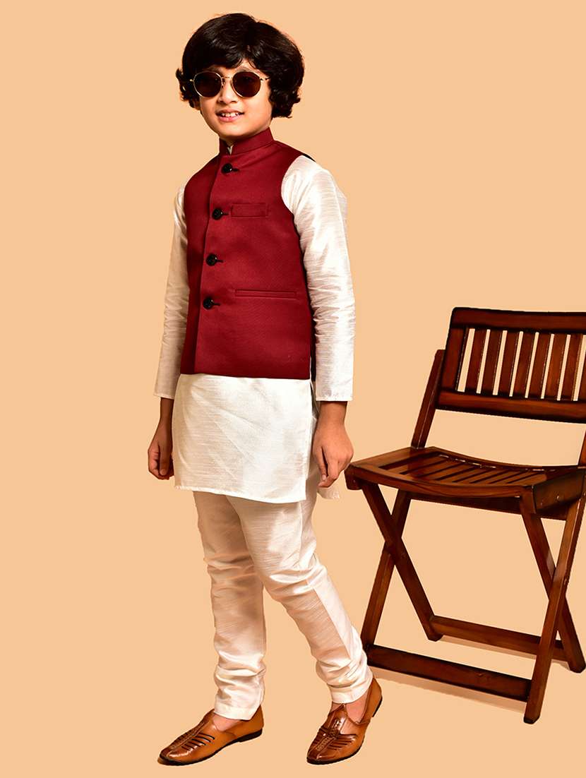 boys solid mandarin neck kurta pyjama ethnic jacket set - 21787255 - Standard Image - 1