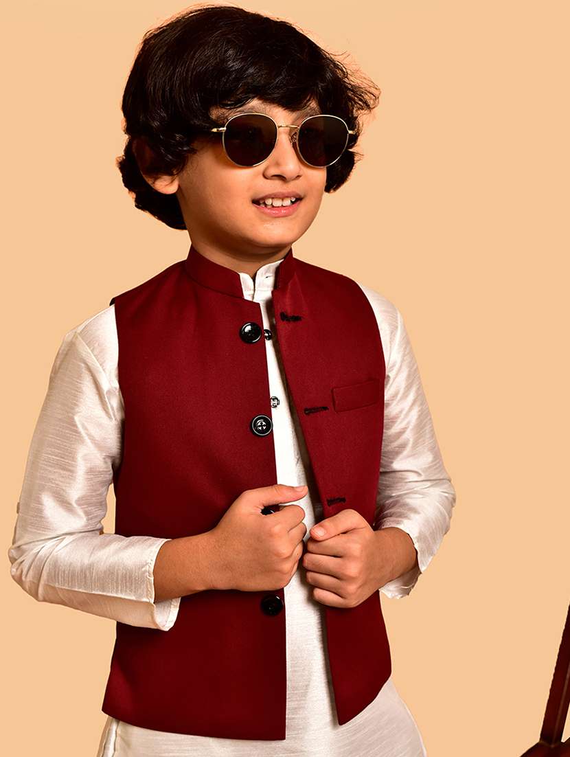 boys solid mandarin neck kurta pyjama ethnic jacket set - 21787255 - Standard Image - 4