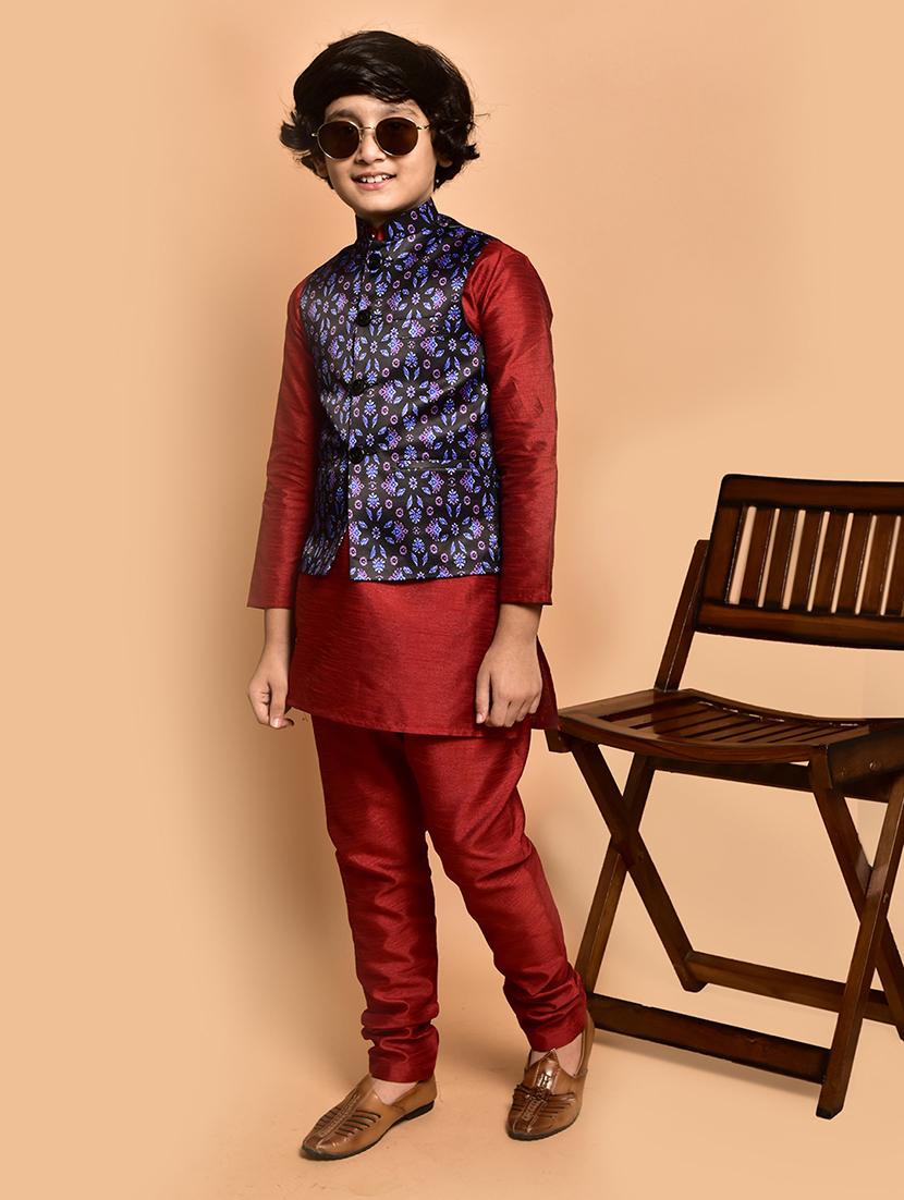 boys solid mandarin neck kurta pyjama ethnic jacket set - 21787264 -  Standard Image - 1