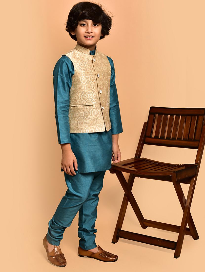 boys solid mandarin neck kurta pyjama ethnic jacket set - 21787270 -  Standard Image - 1