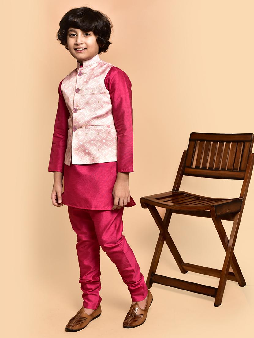 boys solid mandarin neck kurta pyjama ethnic jacket set - 21787272 -  Standard Image - 1