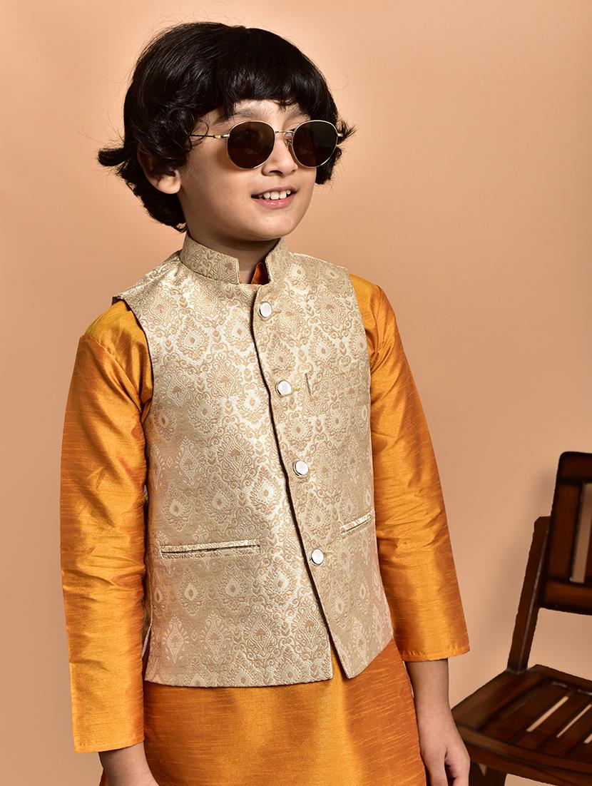 boys solid mandarin neck kurta pyjama ethnic jacket set - 21787279 - Standard Image - 4