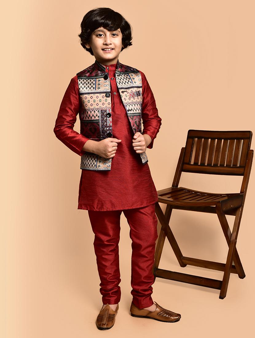 boys solid mandarin neck kurta pyjama ethnic jacket set - 21787280 - Standard Image - 1