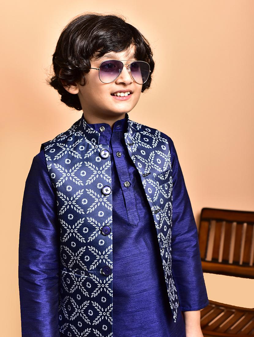 boys solid mandarin neck kurta pyjama ethnic jacket set - 21787297 - Standard Image - 4