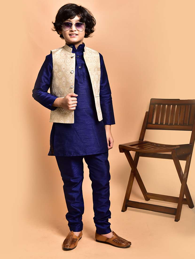 boys solid mandarin neck kurta pyjama ethnic jacket set - 21787298 -  Standard Image - 1