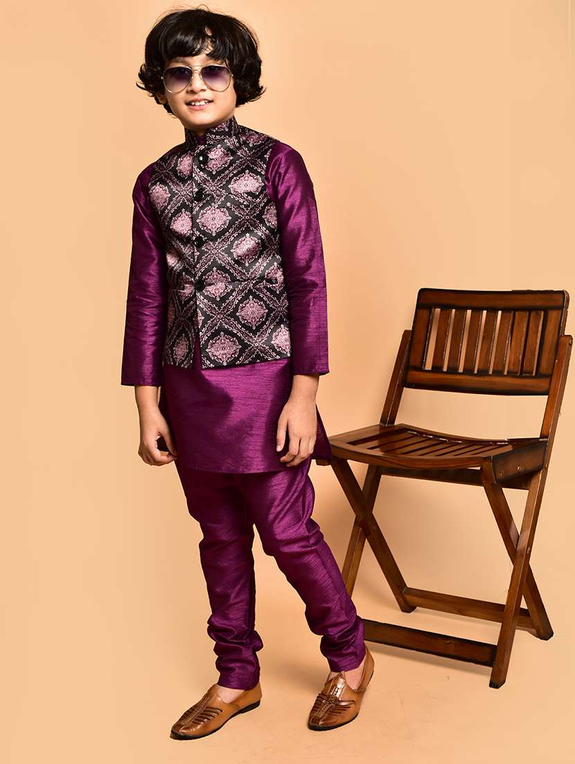boys solid mandarin neck kurta pyjama ethnic jacket set - 21787302 - Standard Image - 1