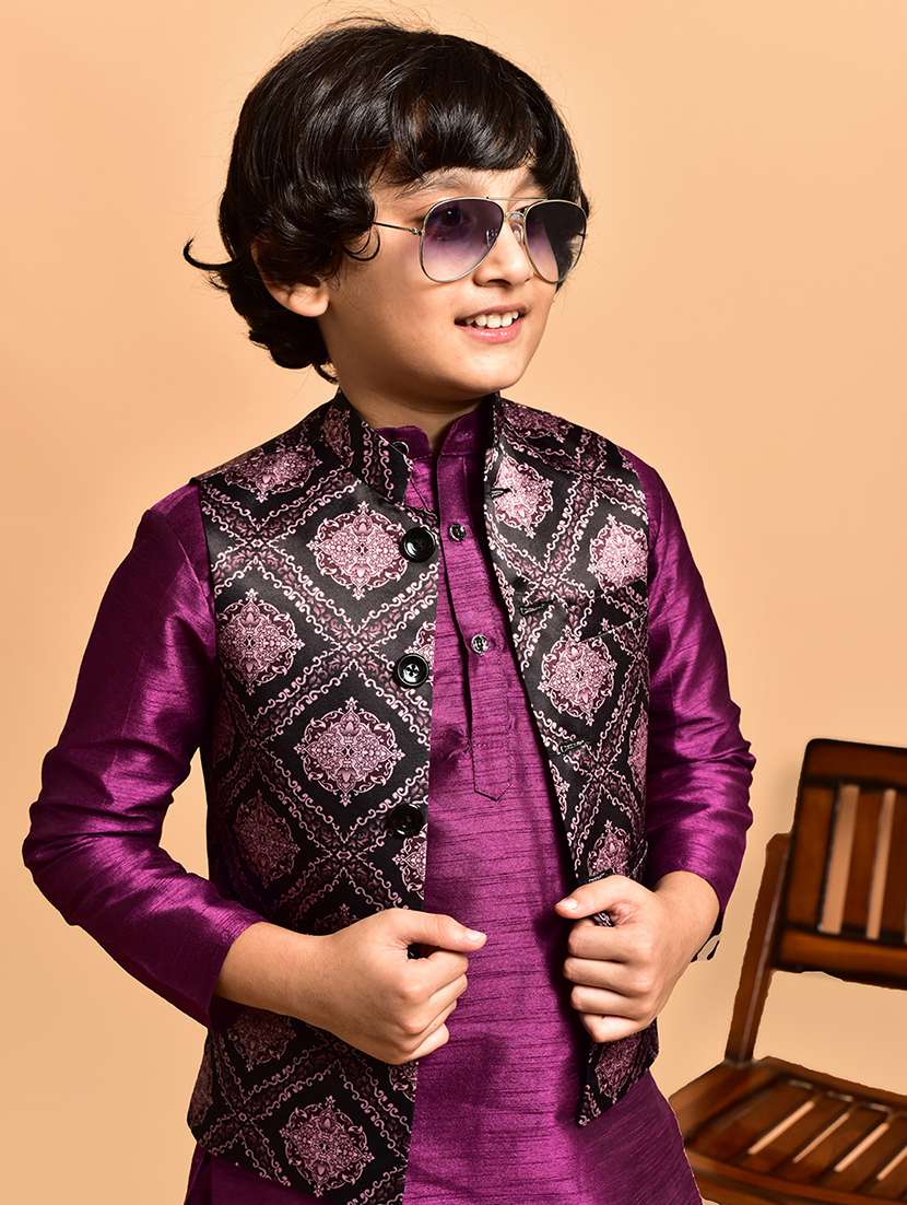 boys solid mandarin neck kurta pyjama ethnic jacket set - 21787302 - Standard Image - 4