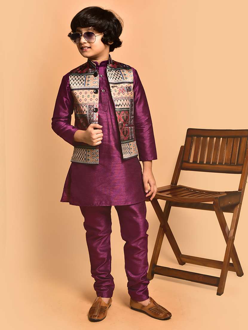 boys solid mandarin neck kurta pyjama ethnic jacket set - 21787303 -  Standard Image - 1