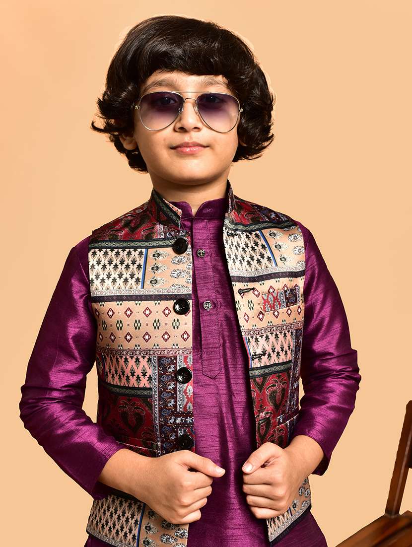 boys solid mandarin neck kurta pyjama ethnic jacket set - 21787303 -  Standard Image - 4