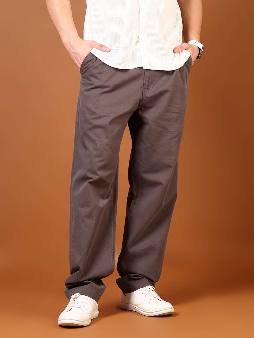 men grey solid mid rise full length casual trouser