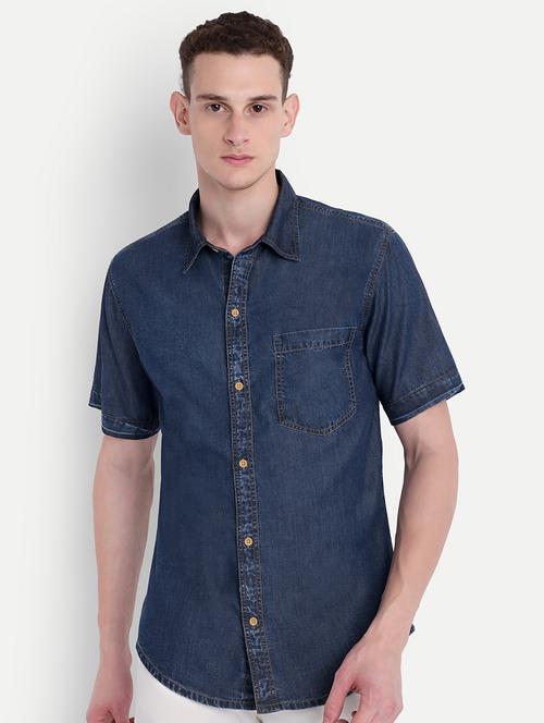 men solid short sleeve regualr fit denim shirt - 21789592 - Standard Image - 0